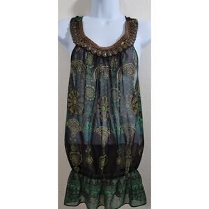 Twentyone Brown Green Sheer Beaded Neckline Top Medium Lightweight Elastic Waist